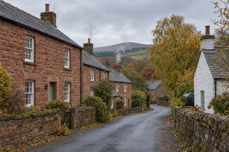 Areas around Carlisle: illustration of red sandstone cottages on a village street in north Cumbria