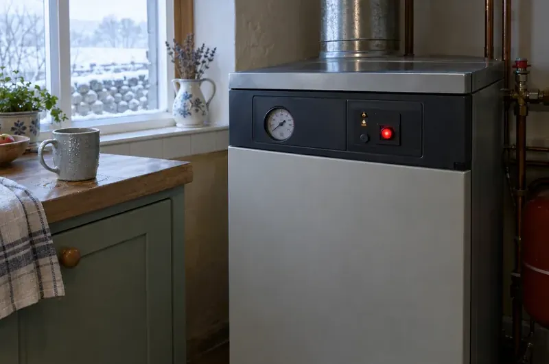 Boiler repair in Carlisle: illustration of an oil boiler in a farmhouse kitchen with its red lockout light on