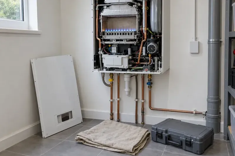 Boiler service in Carlisle: illustration of a combi boiler with its front cover off for its yearly check