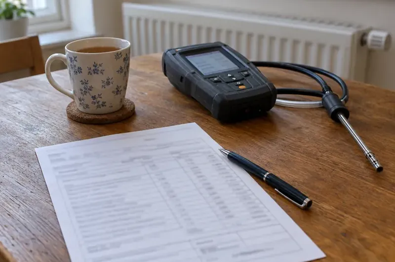 Boiler service cost in Carlisle: illustration of a service record sheet beside a flue gas analyser