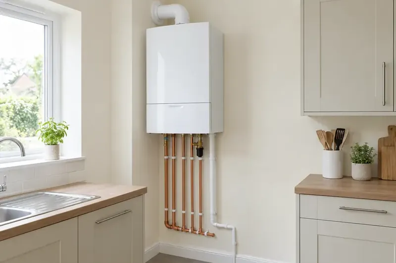 New boiler in Carlisle: illustration of a newly fitted condensing boiler with fresh copper pipework