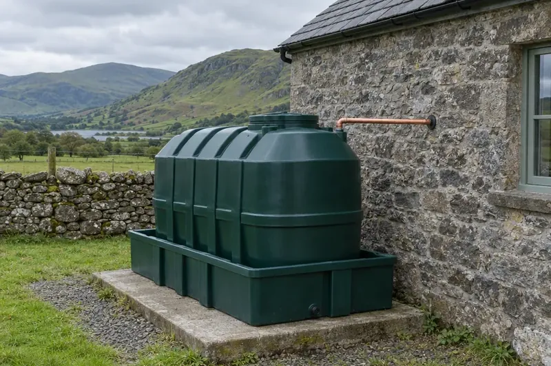 Oil boiler service in Carlisle: illustration of a green bunded oil tank beside a stone farmhouse below the fells